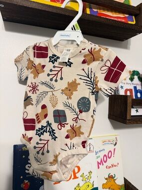 H&M Cream Holiday Print Baby Bodysuit with Red & Green Accents
